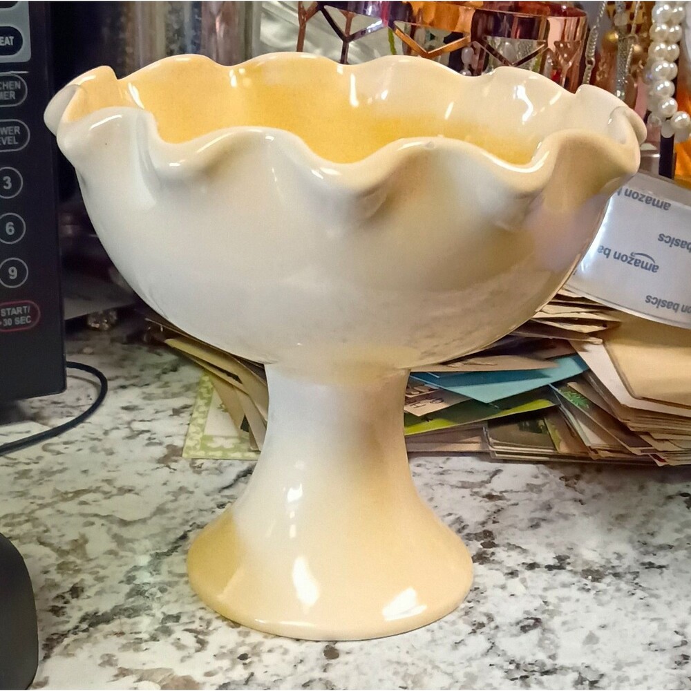 Designpac Inc 82808 White/Yellow Ceramic Compote Pedestal Bowl Ruffled Rim